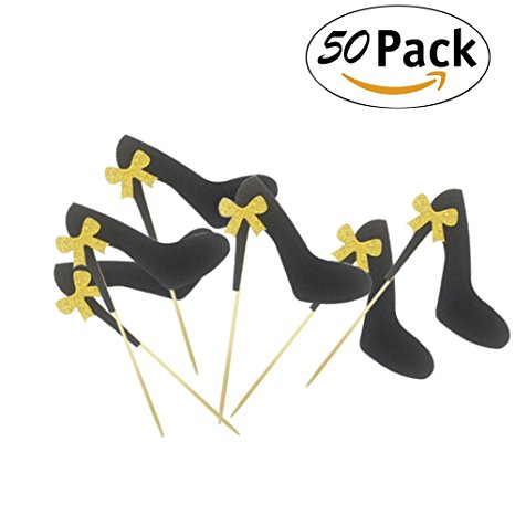 Cupcake Toppers 50pcs/pack Black Glitter High-heeled Shoes Cake Toppers For Wedding/Birthday Party Decoration
