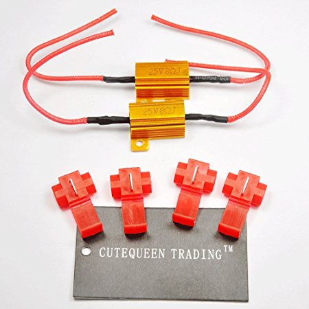 CUTEQUEEN TRADING 2PCS 25W 8Ohm LED Load Resistors for LED Turn Signal Lights or LED License Plate Lights or DRL (Fix Hyper Flash, Warning Cancellor) with 4pc Quick wire Clip