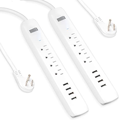 2 Pack of Surge Protector Power Strips with 4 USB Ports, 4 Electrical Outlets & 6 Ft White Extension Cord, 15A/1875W, ETL Listed