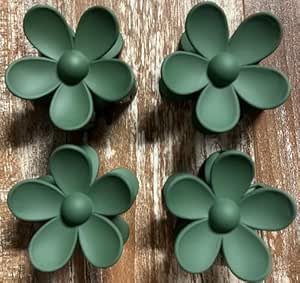 Perelle's Gifts & Such Matte Flower Hair Clips, 4 Pack, Large Claw Clips For Women & Girls with Thick Hair, Big Cute Dasiy Hair Clips, Non Slip Clips (Dark Green, 4 Pack)