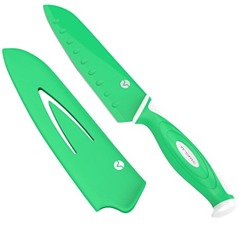 Vremi Santoku Knife - Sharp All Purpose Stainless Steel Chopping Knife with Matching Sheath Cover - Heavy Duty Kitchen Knife with Ergonomic Handle for Mincing and Dicing Vegetables Meat Fruits - Green