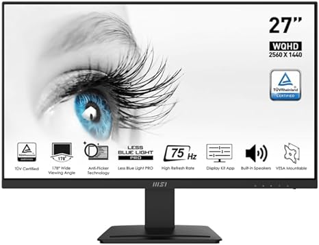 MSI PRO MP273QV 27 Inch Monitor, WQHD (2560 x 1440), 75Hz, VA, 4ms, FreeSync, 2x HDMI, DisplayPort, Speakers, Anti-Glare, Anti-Flicker, Less Blue light, TÜV Certified, VESA, Kensington, Black