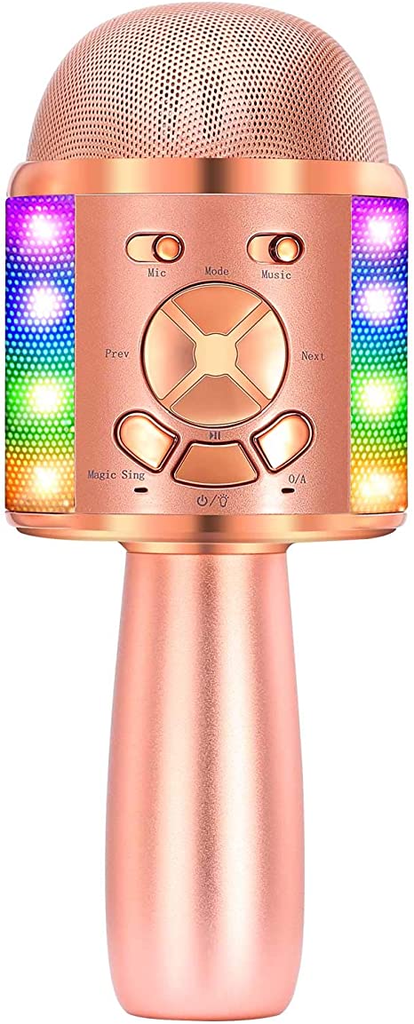 BONAOK Karaoke Microphone for Kids, Portable Wireless Bluetooth Singing Mic with Flashing Lights & Magic Voices, Fun for Girls and Boys Home Party Birthday (Rose Gold)