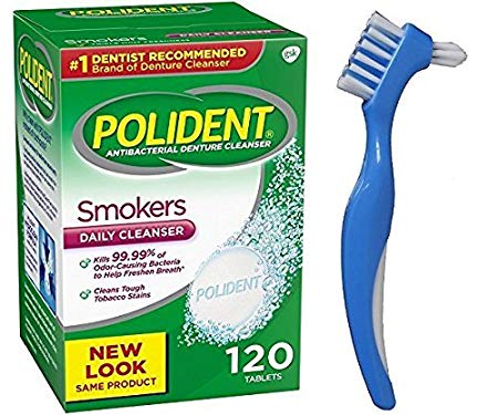 Polident Smokers Denture Cleaner 120 Tablets bundle with Dentu-Care Denture Brush for Maintaining Good Oral Care of Full/Partial Dentures