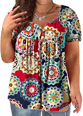 VOGRACE Plus-Size Tops for Women Summer Henley Shirts Flowy Tunics