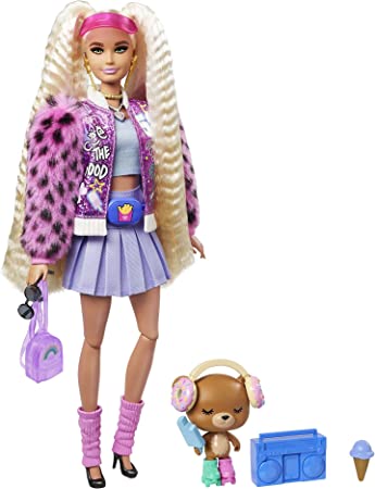 Barbie Extra Doll #8 in Pink Sparkly Varsity Jacket with Furry Arms & Pet Teddy Bear, Extra-Long Crimped Pigtails, Layered Outfit & Accessories, Multiple Flexible Joints