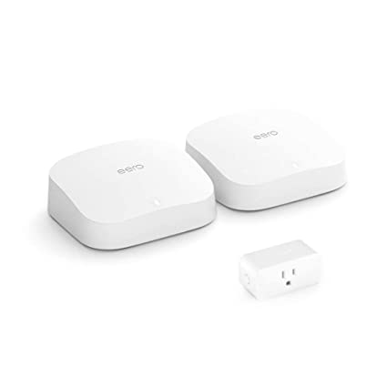 Certified Refurbished Amazon eero Pro 6 tri-band mesh Wi-Fi 6 3-PC system with built-in Zigbee smart home hub (2 routers   1 Amazon smart plug)