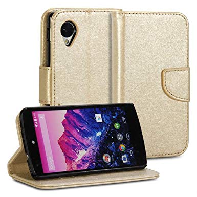 Nexus 5 Case, GMYLE(R) Champagne Gold Natural Silk Pattern PU Leather Flip Folio Wallet Stand Case Cover for Google LG Nexus 5 D820 D821