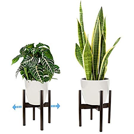 Oak & Boo Adjustable Plant Stand Mid Century Modern for Indoor Outdoor Planters 100% Bamboo Wood – Adjustable Width 9” to 12” Fits Tall and Large Pots (Planter Pot Not Included)