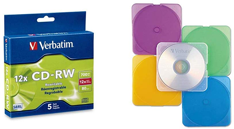 Verbatim CD-RW 700MB 2X-12X Rewritable Media Disc - 5 Pack Slim Case - 95157 & CD/DVD Color TRIMpak Cases - 10pk, Assorted