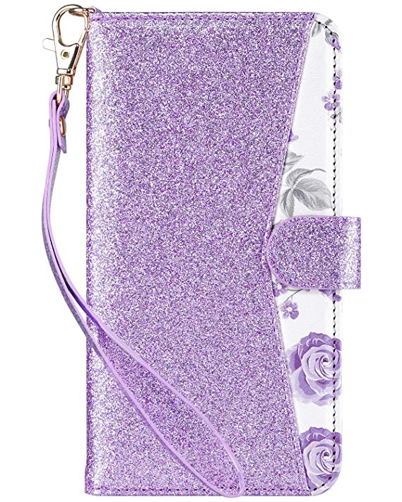 ULAK Wallet Case for iPhone 8 Plus, iPhone 7 Plus Wallet Case, Bling Glitter PU Leather Wallet with Kickstand Card Holder ID Slot Hand Strap Shockproof Cover for iPhone 7 Plus/8 Plus, Light Purple