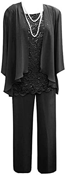 Fitty Lell Women's 3 Pieces Elegent Mother of Bride Pant Suits Long Sleeves Evening Gown with Jacket for Wedding