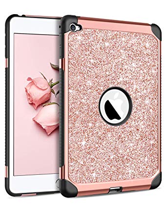 BENTOBEN iPad Mini 4 Case, Super Slim Glitter Bling Sparkly Dual Layer 2 in 1 Heavy Duty Rugged Hard PC Cover Soft TPU Bumper Shockproof Protective Cute Case for iPad Mini 4 (2015 Release), Rose Gold