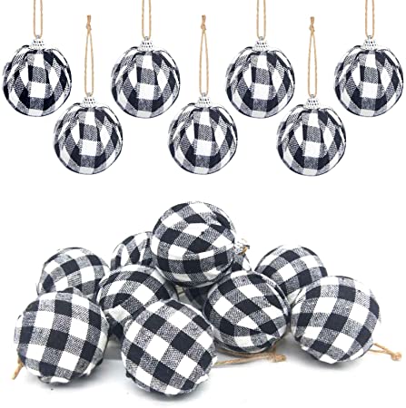 Deloky 16Pcs Buffalo Plaid Fabric Ball- 2.16 Inch Small Christmas Fabric Wrapped Balls Christmas Hanging Ornament for Christmas Tree Party Decoration Supplies (Black&White)