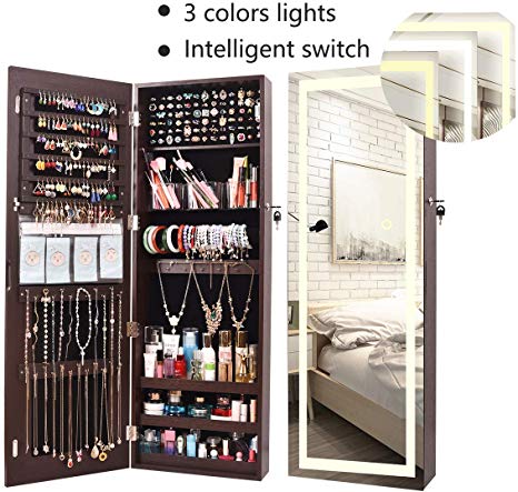 AOOU Jewelry Organizer Hanging Wall Mounted Jewelry Armoire,Full Length Mirror LED Lock Door Jewelry Cabinet with Best Intelligent Switch & Large Storage Capacity, 3 Changeable LED Lights Colors Brown