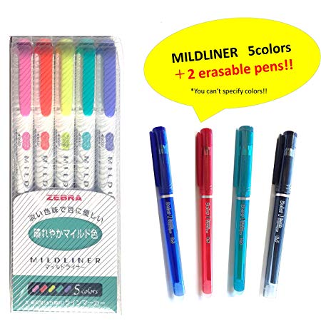 Zebra MILDLINER WKT7-5C-HC (5 Sunshine & Summer Colors)   Delat Erasable Gel Ink Ballpoint Pen 0.5mm 2 random colors (Black,Red, Blue or Green)