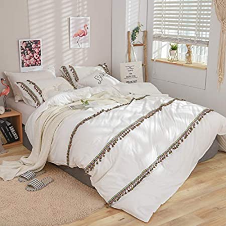 Softta Boho Duvet Cover Twin White 3 Pcs Bohemian Style Modern Bedding Girls Bedding Fringed Tassel and Ruffle 100% Washed Cotton Zipper Closure