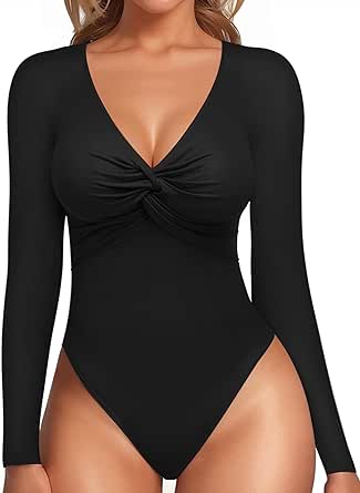 MANGOPOP Bodysuits for Women Deep V Neck Twist Knot Fitted Long Sleeve Tops…