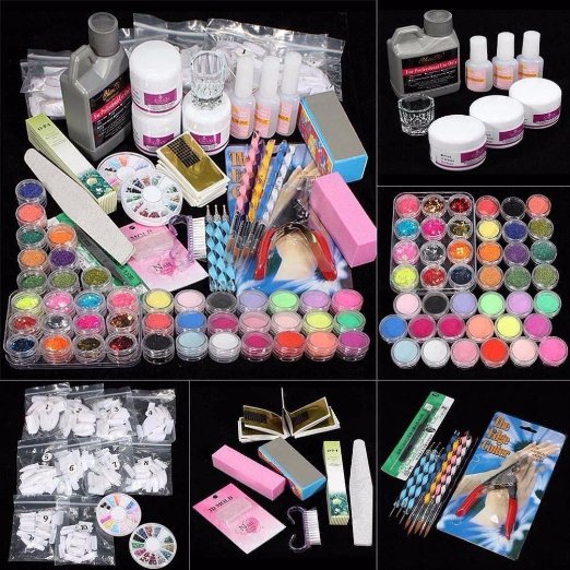 Yoyorule Professional 42 Acrylic Powder Liquid Brush Glitter Clipper Primer File Nail Art Tips Set Kit with Duck Nail Tips