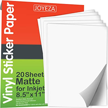 JOYEZA Printable Vinyl Sticker Paper for Inkjet Printer - 20 Sheets Matte White Decal Paper - Guaranteed Water, Tear & Scratch Resistant Quick Ink Dry for Cricut Inkjet and Laser Printer