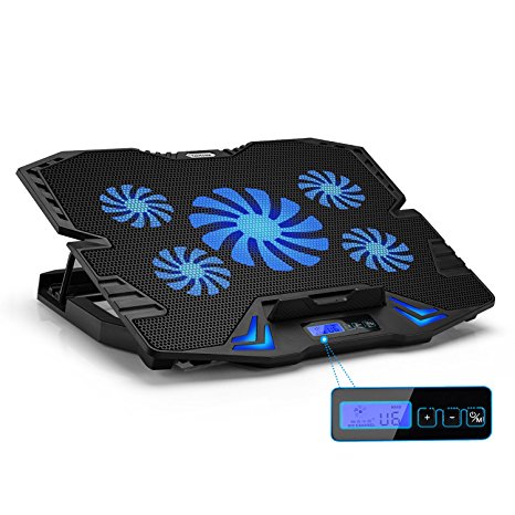 TekHome 5-Fan Laptop Cooling Pad, Gaming Cooler for Notebooks up to 17 inch Like Alienware, MacBook Air Pro, OSD 6 Wind Speeds, 3 Wind Modes, LED Blue Light, 5-Level Heights, 2 USB Ports.(LTC002S)
