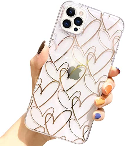 Ownest Compatible with iPhone 12 Pro Max Case (6.7 Inch) with Rose Gold Heart Pattern for Women Girls Glitter Clear Soft Flexible Durable Slim TPU Cases for iPhone 12 Pro Max-Clear