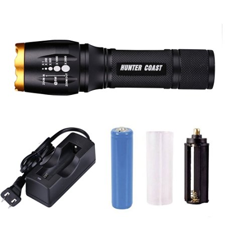 Handheld Led Flashlight of 1000 Lumen,Cree Xml-T6 Water Resistant Camping Torch Adjustable Focus Zoom Tactical Flashlight lamp for Outdoor,Charger and 18650 battery included (GOLD)