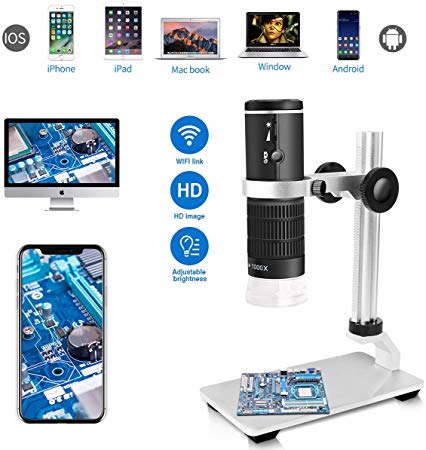 Jiusion WiFi USB Digital Microscope HD 1080P Resolution 50 to 1000x Wireless Magnification Endoscope 8 LED Mini Camera with Updated Stand Portable Case, Compatible with iPhone iPad Android Mac Windows