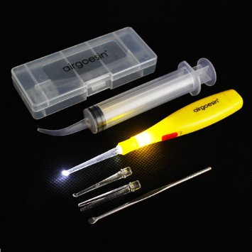 Airgoesin Lighted Tonsil Stone Remover Tool, Yellow, 3 Tips, Tonsillolith Pick Case   1 Irrigation Syringe Cleaning