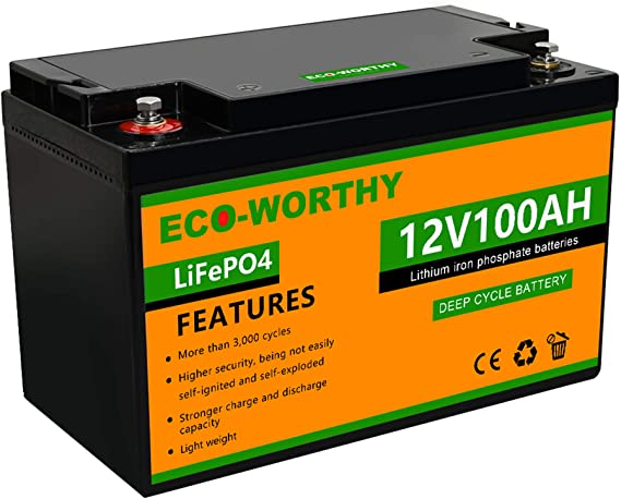 ECO-WORTHY 12V 100Ah LiFePO4 Lithium Iron Phosphate Battery Deep Cycle Rechargeable Battery with Built-in BMS, 3000  Life Cycles, Perfect for RV, Marine, Kids Scooters, Power Wheels, Tool Trailer, etc