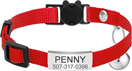 Jiquan Personalized Cat Collar, Breakaway Kitten Collars with Name Tag, Engraved No Noise Slide-On Identification Tags, Anti-Lost Nameplate Cat Collar for Girls & Boys(S Red)