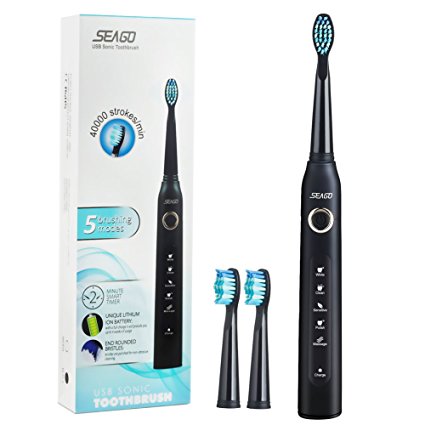 Sonic Toothbrush, Seago Waterproof Rechargeable Electric Toothbrush with 40000 Strokes/Min, 2 Minutes Smart Timer, 5 Brushing Modes, 30 Days Working Time and 3 Free Replacement Brush Heads - Black