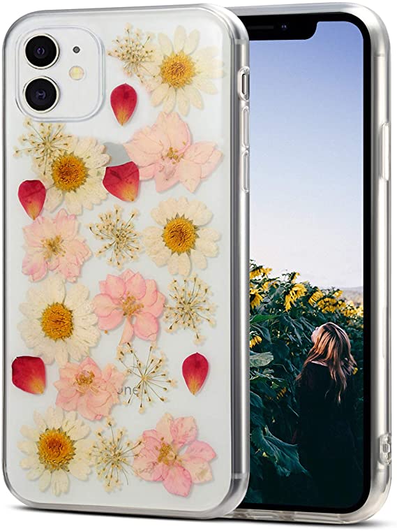 AHTONG iPhone 11 Flower Case, Girls Floral Design Pressed Dry Real Flowers Case [Drop Protection] Soft Clear Flexible Rubber Bumper Cover for iPhone 11 (Daisy Pink)