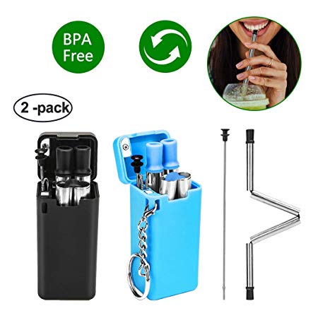 2 Pack Collapsible Straws Folding Drinking Straw Reusable Stainless Steel Case with Keychain Cleaning Brush Portable Straw Dispensers for Gift (Black&Blue)