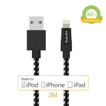 Apple Cable, Apple MFI Certified Lightning Cable- Kinps®6.6ft/2m Nylon Braided USB Cable with Lightning Connector for iPhone, iPod and iPad (6.6FT-Black)