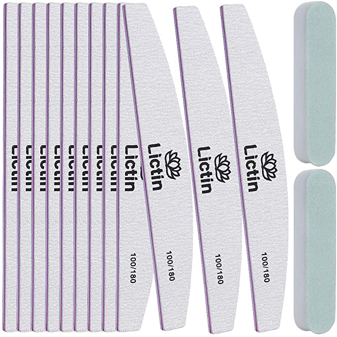 Lictin Nail Files Set - 12 Pack Washable Double Sided Emery Board Professional Nail Styling Tools with 2 PCS Nail Polisher Buffers File for Manicure and Nail Grooming Care