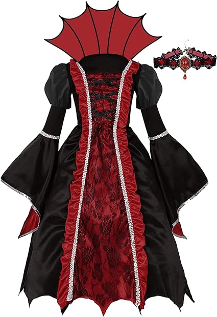 FunsLane Royal Vampire Costume Set for Girls Halloween Dress Up Party, Gothic Victorian Vampiress Queen Role Play Toys