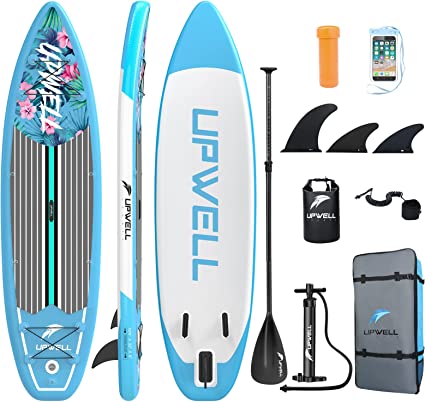 UPWELL 10'6"/10'2" Inflatable Stand Up Paddle Board with sup Accessories Including Backpack, Repairing Kits, Non-Slip Deck, Leash, 3 Fins, Paddle and Hand Pump