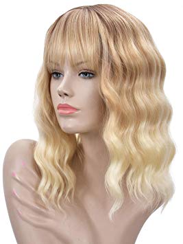 Goodly Ombre Blonde Short Wigs with Bangs for Women Natural Healthy Curly Wavy Blonde Wig Synthetic Daily Cosplay Wigs 14 Inch