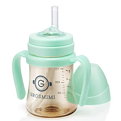Grosmimi Spill Proof no Spill Magic Sippy Cup with Straw with Handle for Baby and Toddlers, Customizable, PPSU, BPA Free 6 oz (Aqua Green)