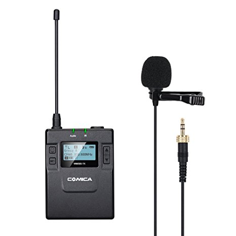 Comica UHF 96-channel Zinc Alloy Single Chargable Wireless lavalier Transmitter for WM300 Microphone System connect Canon 5DII/5DIII, 6D, Panasonic GH4/GH5,XLR Camcorder Camera (394-Foot Range)