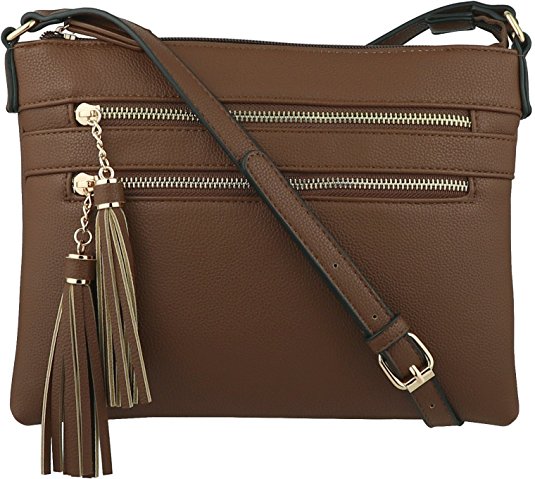 B BRENTANO Vegan Multi-Zipper Crossbody Handbag Purse with Tassel Accents