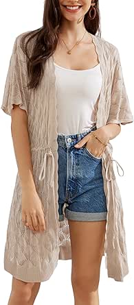 GRACE KARIN Womens Short Sleeve Open Front Crochet Knit Cardigan Lightweight Summer Kimono Boho Cardigans with Side Slit