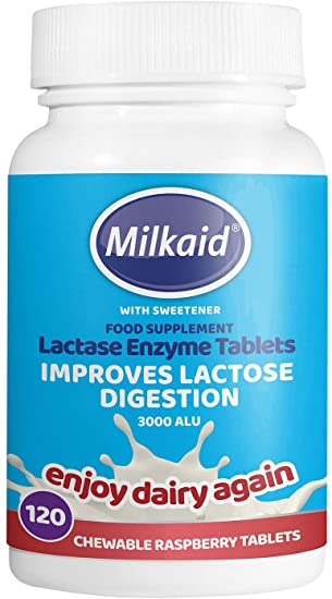 Milkaid - 120 Lactase Enzyme Tablets - Chewable Raspberry Tablets to help Improve Lactose Digestion