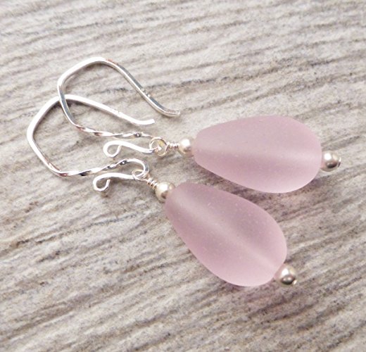 Pink Seaglass Earrings, Pink Frosted Teardrops, Sterling Silver Sea Glass Earrings, Rose Pink Pastel