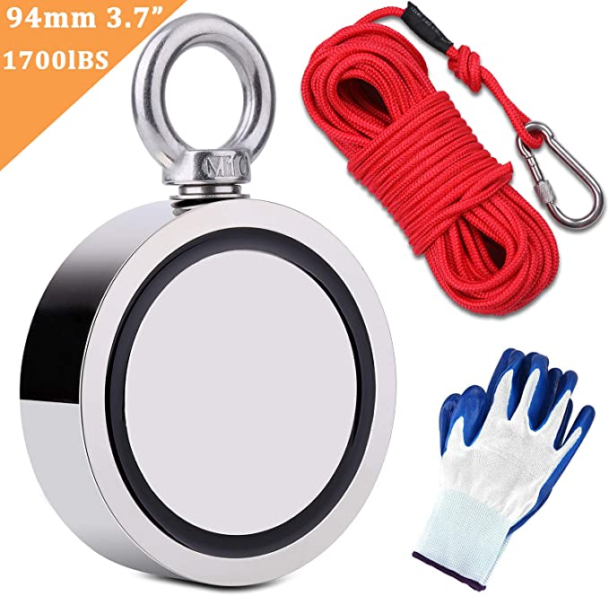 EVISWIY 1700LBS Fishing Magnets with Rope 65FT Carabiner Glove Large Strong Heavy Duty Rare Earth Neodymium N52 Double Sided Magnets for Magnet Fishing Treasure Hunting Underwater Retrieving