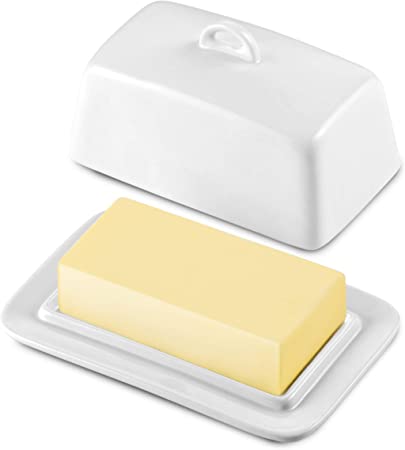 GOURMEX Classic Butter Dish with Lid | Ideal Butter Keeper for Salted, Unsalted Butter and Coconut Butter in Fridge | Ceramic White Tray Covered Butter Dish Dishwasher Safe (1 Pound Dish Rounded)