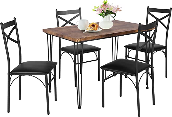 VECELO 5 Piece Kitchen Dining Room Table and Chairs Set for Dinette, Breakfast Nook, Farmhouse, Small Space, 4, Rustic Brown