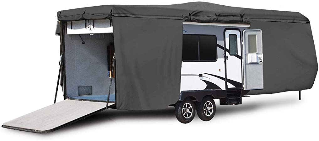 Waterproof Durable RV Motorhome Travel Trailer / Toy Hauler Cover Fits Length 22'-24' Travel Trailer Camper Zippered Panels Allow Access To The Door, Engine, Side Storage Areas, and Ramp Door