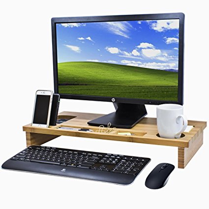 Sorbus Bamboo Computer Monitor Stand Riser with Organizer Tray Slots for Storage — Great for TV Monitor, Laptop, Printer, Cellphone, Office Supplies, Wide Screen Riser for Desktop (Natural Bamboo)